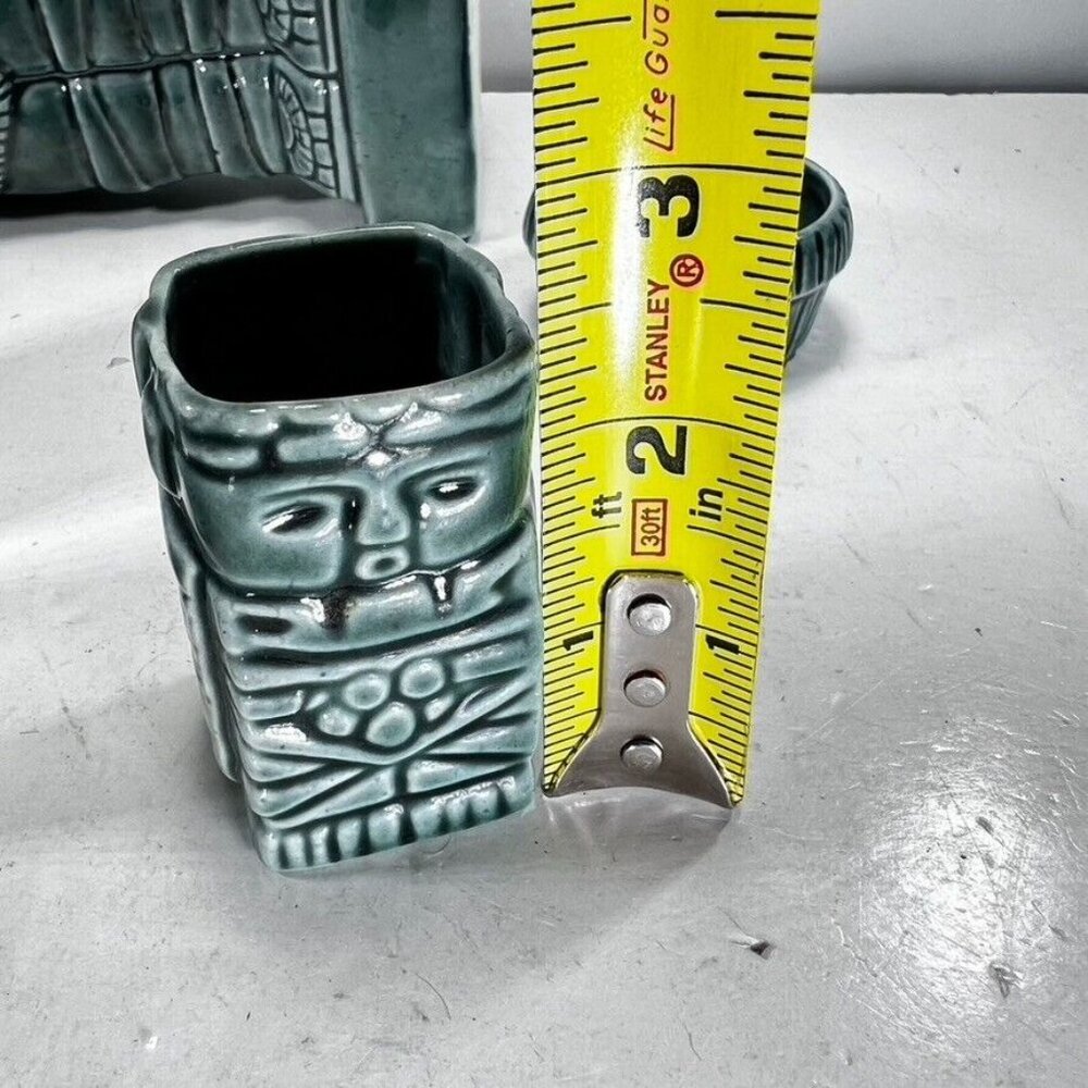Vtg 1960 Ceramic Tiki Decanter Cork Shot Glasses Aztec Mayan Idol Green Set of 7 - Picture 15 of 16